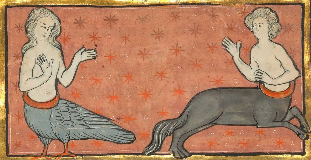 Against a coral background with orange stars, a siren with long pale hair, grey feathers, and orange legs gestures at a centaur with a grey body.
