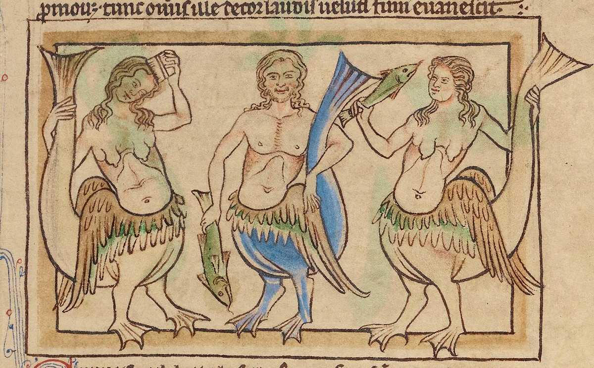 Three standing winged sirens, two females and one male, with human characteristics from head to waist and bird and fish characteristics from waist to feet.